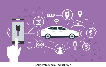 Smart Car Concept Design For Web Banners, Infographics. Flat Line Style Vector Illustration.