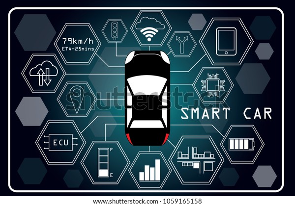 Smart car\
concept. Car devices connected to various sensors and the computer\
performs intelligent calculations, decisions and assistance to\
users. EPS 10 vector\
illustration