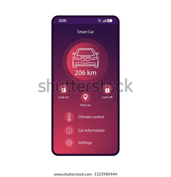 Smart car control app mobile interface vector\
template. Smartphone application page purple design layout.\
Autonomous remote controller flat gradient UI screen. Vehicle\
feature, settings phone\
display