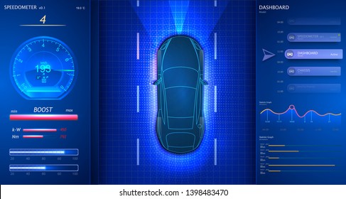 Smart car dashboard. Modern Speedometer Interface. Car goes on the road. Scans the road, observe the distance. Futuristic user interface auto. HUD UI GUI. Abstract virtual graphic touch user interface