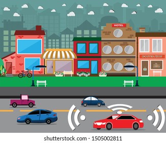Smart car driven on city streets,Assistant to control the car by artificial intelligence,vector illustration of smart car behavior on road with scanners