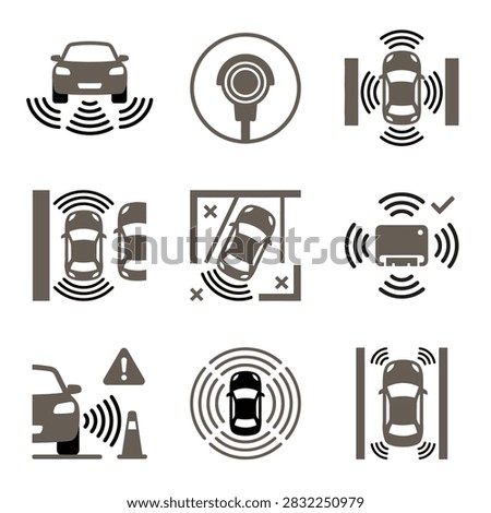 Smart car driver assistance and proximity sensor technology icons.