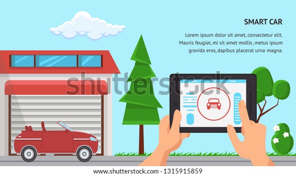 Smart Car Flat Design Vector Illustration. Garage\
and Tree Garden Color Clipart. Hand Holding Graphics Tablet,\
Autonomous Car Controller. Online Shop Banner. Car Showroom Poster\
Design with Text Space