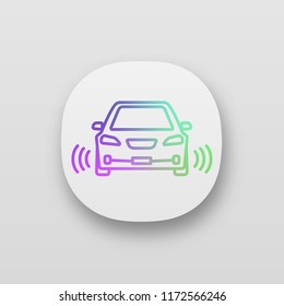Smart car in front view app icon. NFC auto with radar sensors. Intelligent vehicle. UI/UX user interface. Web application. Self driving automobile. Driverless vehicle. Vector isolated illustration