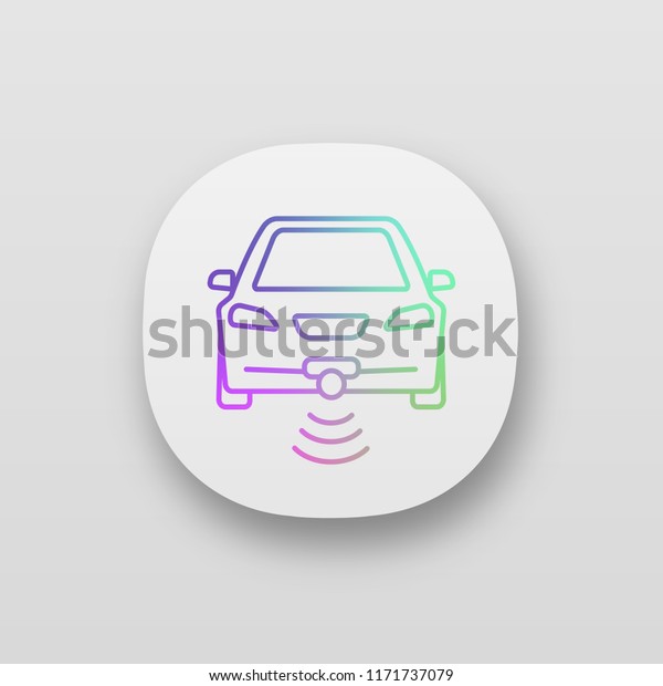 Smart car in front view app icon. NFC auto.\
Intelligent vehicle. UI/UX interface. Web or mobile application.\
Self driving automobile. Autonomous car. Driverless vehicle. Vector\
isolated illustration