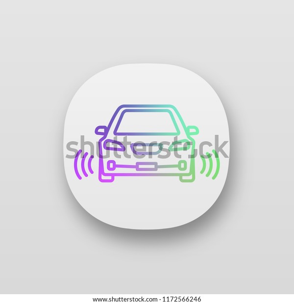 Smart car in front view app icon. NFC auto\
with radar sensors. Intelligent vehicle. UI/UX user interface. Web\
application. Self driving automobile. Driverless vehicle. Vector\
isolated illustration