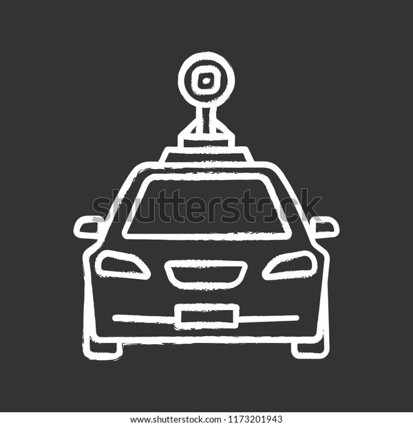 Smart car in\
front view chalk icon. NFC auto with roof camera and radar sensor.\
Intelligent vehicle. Self driving automobile. Autonomous car.\
Isolated vector chalkboard\
illustration