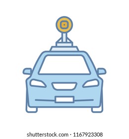 Smart car in front view color icon. NFC auto with roof camera and radar sensor. Intelligent vehicle. Self driving automobile. Autonomous car. Driverless vehicle. Isolated vector illustration