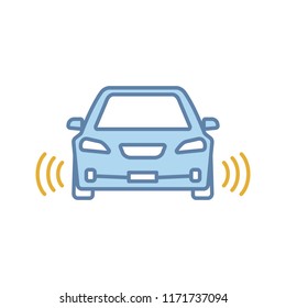 Smart Car In Front View Color Icon. NFC Auto With Radar Sensors. Intelligent Vehicle. Self Driving Automobile. Autonomous Car. Driverless Vehicle. Isolated Vector Illustration