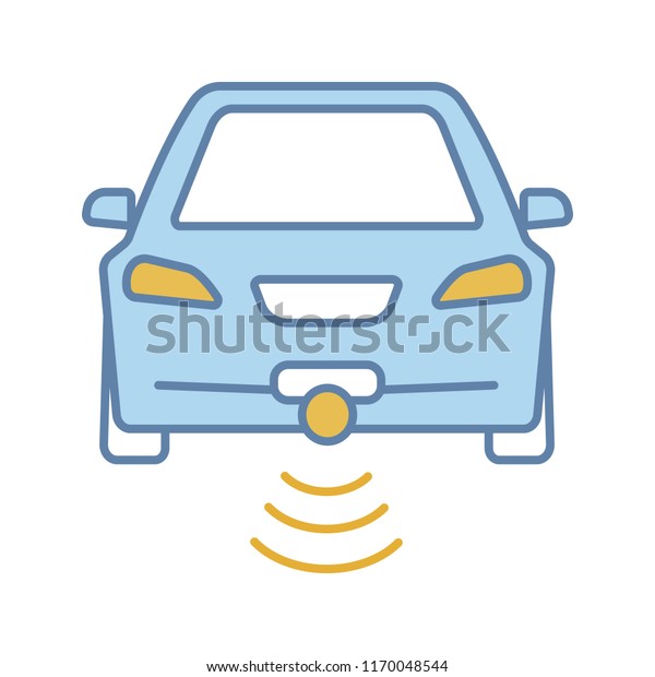 Smart car in front view color icon.\
NFC auto. Intelligent vehicle. Self driving automobile. Autonomous\
car. Driverless vehicle. Isolated vector\
illustration