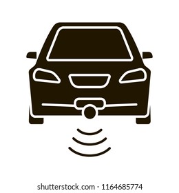 Smart car in front view glyph icon. NFC auto. Intelligent vehicle. Silhouette symbol. Negative space. Self driving automobile. Autonomous car. Driverless vehicle. Vector isolated illustration