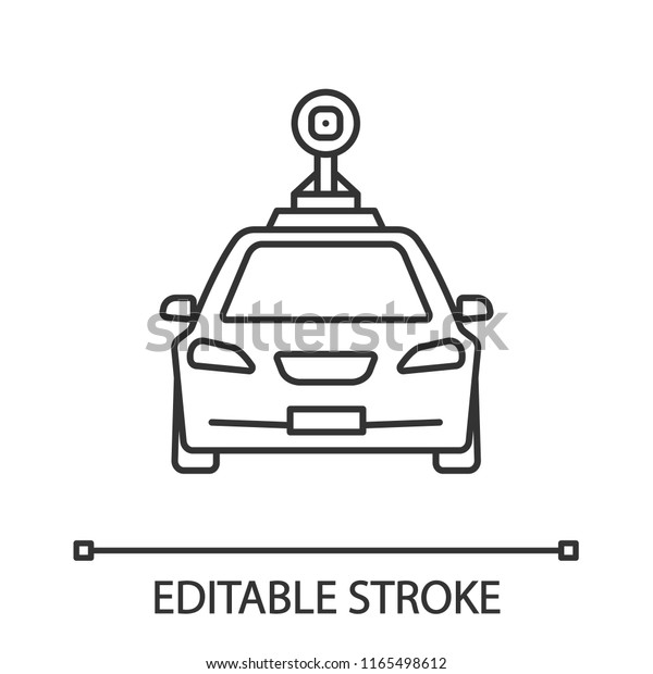 Smart car in front view linear icon. NFC auto with\
roof camera and radar sensor. Thin line illustration. Autonomous\
car. Driverless vehicle. Contour symbol. Vector isolated drawing.\
Editable stroke