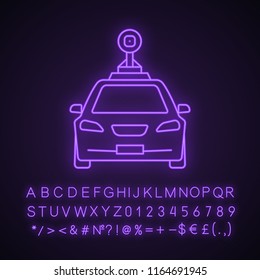 Smart car in front view neon light icon. NFC auto with roof camera and radar sensor. Intelligent vehicle. Glowing sign with alphabet, numbers and symbols. Vector isolated illustration