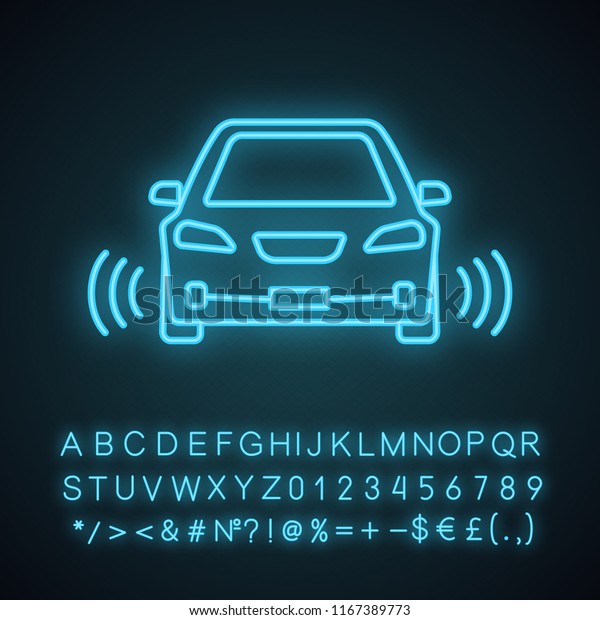 Smart car in front view neon light icon. NFC\
auto with radar sensors. Glowing sign with alphabet, numbers and\
symbols. Self driving automobile. Autonomous car. Vector isolated\
illustration