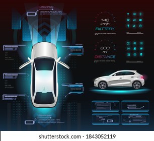 Smart car. Futuristic user interface. Application with settings, parameters, vehicle characteristics. Holographic panel with network car settings in HUD style