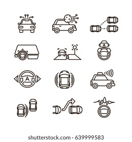 Smart Car And Hands Free Driving Automatic System Vector Line Icons