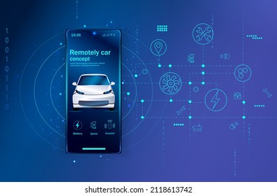 Un auto inteligente. Diagnóstico de hardware de la condición del vehículo. El smartphone monitorea la seguridad del coche de forma inalámbrica e informa al propietario sobre el nivel de protección del coche. Ilustración del vector