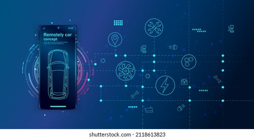 Un auto inteligente. Diagnóstico de hardware de la condición del vehículo. El smartphone monitorea la seguridad del coche de forma inalámbrica e informa al propietario sobre el nivel de protección del coche. Ilustración del vector