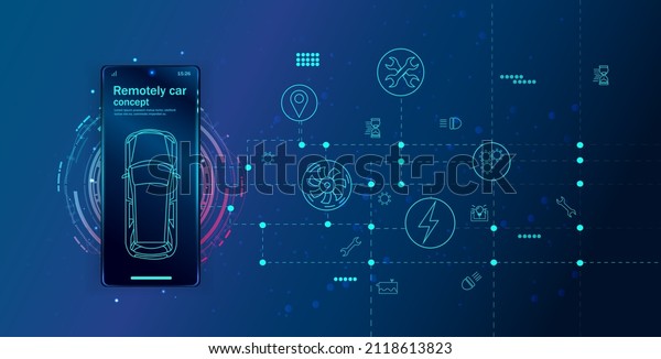 A smart car. Hardware diagnostics of the\
vehicle condition. The smartphone monitors the safety of the car\
wirelessly and informs the owner about the level of protection of\
the car. Vector illustration