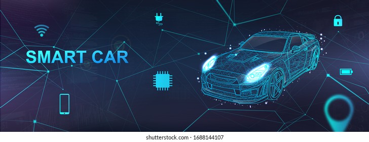 Smart Car, Hologram auto with polygonal elements and and icons with machine vehicle. Wireframe in line low-poly style. AI automobile. Electric machine. Autonomous car vehicle with infographic. Vector