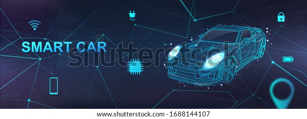 Smart Car, Hologram auto with polygonal elements\
and and icons with machine vehicle. Wireframe in line low-poly\
style. AI automobile. Electric machine. Autonomous car vehicle with\
infographic. Vector