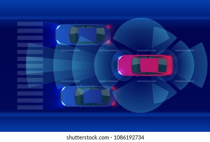 Smart Car HUD, Autonomous Self-driving Mode Vehicle On Metro City Road Iot Concept With Graphic Sensor Radar Signal System And Internet Sensor Connect.