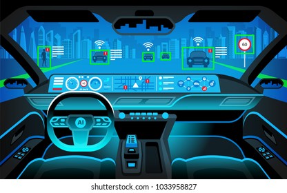 Smart Car (HUD) Concept. Empty Cockpit In Vehicle And Self-Driving Mode Car Graphic Screen With Flare Light. Artificial Intelligence On The Road. Vehicle Interior. Vector Illustration