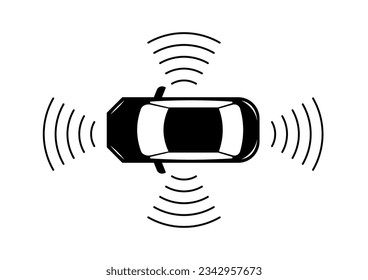 Icono de coche inteligente. Coche inteligente con sistema de sensores y teledetección. Auto sin conductor o autónomo. Sensor de estacionamiento de auto inteligente. Ilustración vectorial.  