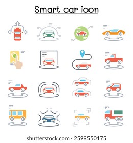 Smart car icon set in flat color style