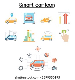 Smart car icon set in flat color style