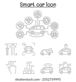 Smart Auto Symbole in dünnen Linie Stil gesetzt