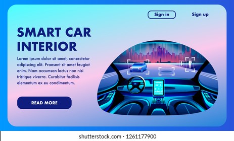 Smart Car Interior. Future Vector Flat Banner. Autonomous Vehicle, Driverless Car Interior With City Landscape. Artificial Intelligence On The Road. Cockpit With Technology GPS Monitor.