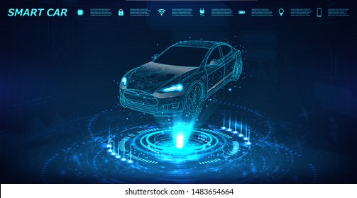 Smart car isometric banner with icons and text. Abstract project of a smart or intelligent car in the form of a starry sky or space. X-ray hologram in HUD style. 3D Electric machine. IOT auto. Vector