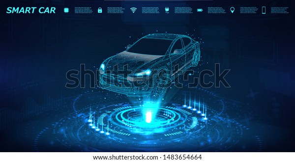 Smart car isometric banner with icons and text.\
Abstract project of a smart or intelligent car in the form of a\
starry sky or space. X-ray hologram in HUD style. 3D Electric\
machine. IOT auto.\
Vector
