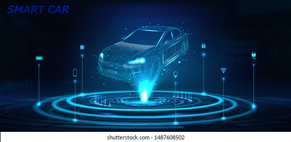 Smart Car Isometric Hologram, In HUD Style. Electric Auto. Hologram Car In Low Poly Style, Wireframe In Line In The Form Of A Starry Sky Or Space. Smart Auto. Virtual Graphical Interface HUD. Vector