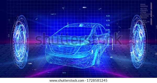 Smart car isometric\
hologram, in HUD style. Electric auto. Hologram car in low poly\
style, wireframe in line in the Smart auto. Virtual graphical\
interface HUD. Vector
