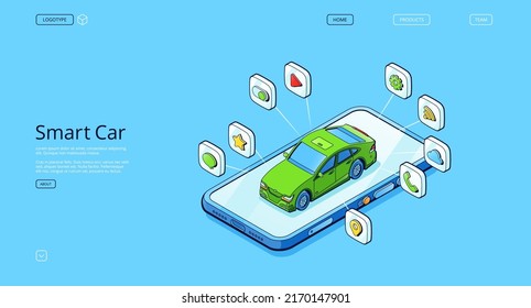 Smart Car Isometric Landing Page. Autonomous Automobile Stand On Smartphone Screen. Futuristic Technology, Self Driving Intelligent Autopilot Vehicle, Innovation City Transport, 3d Vector Web Banner