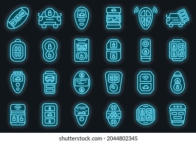 Iconos de teclas de auto inteligentes configurados. Conjunto de esquemas de iconos vectoriales de clave de coche inteligente color de neón en negro