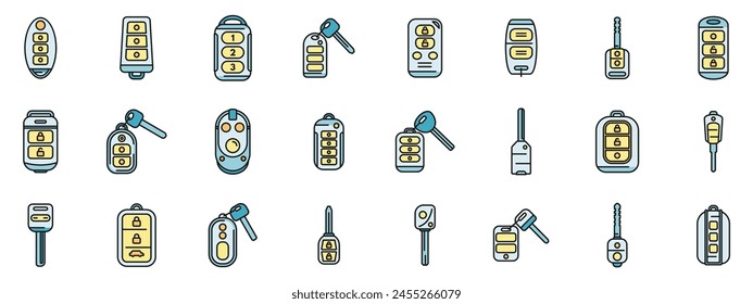 Smart car key icons set outline vector. Driver mobile. Smart alarm thin line color flat on white