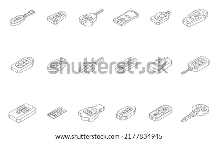 Smart car key icons set. Isometric set of smart car key vector icons thin line outline on white isolated