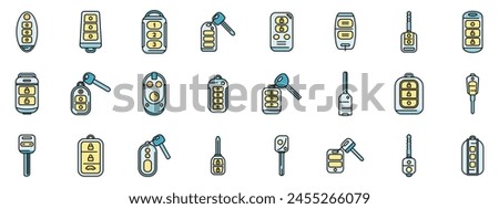 Smart car key icons set outline vector. Driver mobile. Smart alarm thin line color flat on white
