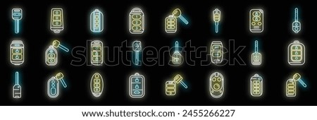 Smart car key icons set outline vector. Driver mobile. Smart alarm neon color on black