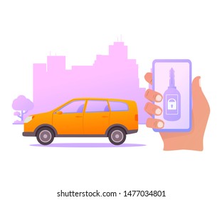 Smart car key security .The smartphone controls wireless auto.Vector illustration concept city skyline with skyscrapers.