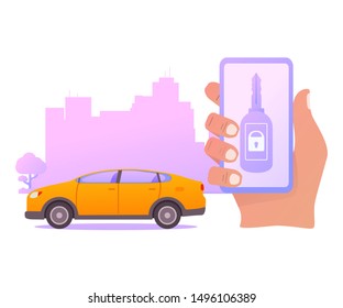 Smart car key security .The smartphone controls wireless auto.Vector illustration concept city skyline with skyscrapers.