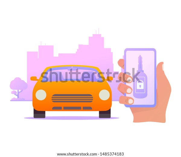 Smart car key security .The smartphone controls\
wireless auto.Vector illustration concept city skyline with\
skyscrapers. Vehicle side\
view.