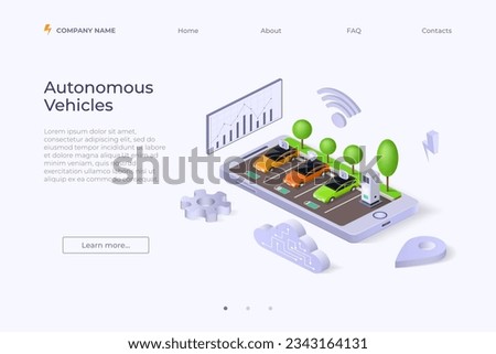 Smart car landing page. Autonomous vehicle. Isometric city parking. Future automobile app technology. Transport lock. Auto battery charging. Carsharing service. Vector website design