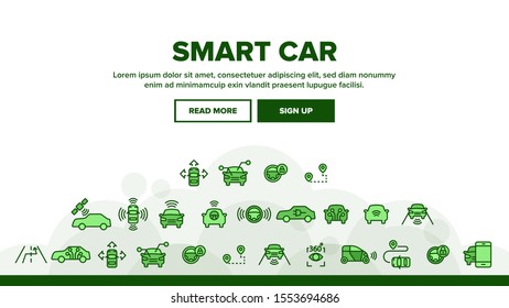 Smart Car Landing Web Page Header Banner Template Vector. Intelligence Control And Security, Network Navigation And Autopilot Smart Car Devices Illustration