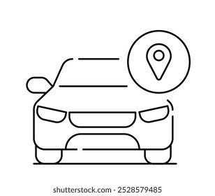 Smart car line icon. Automobile with GPS pin. Modern technologies and innovations. AI software. Pictogram element for website. Linear vector illustration isolated on white background