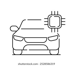 Ícone de linha de carro inteligente. Automóvel com chip de computador Tecnologias e inovações modernas. Inteligência artificial e aprendizagem de máquina. Ilustração de vetor linear isolada no plano de fundo branco