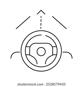 Ícone de linha de carro inteligente. Direção do volante no automóvel. Tecnologias e inovações modernas. Inteligência artificial e assistente virtual. Ilustração de vetor linear isolada no plano de fundo branco